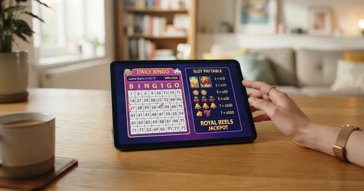 A tablet screen shows a bingo card next to a slot game paytable on a desk.