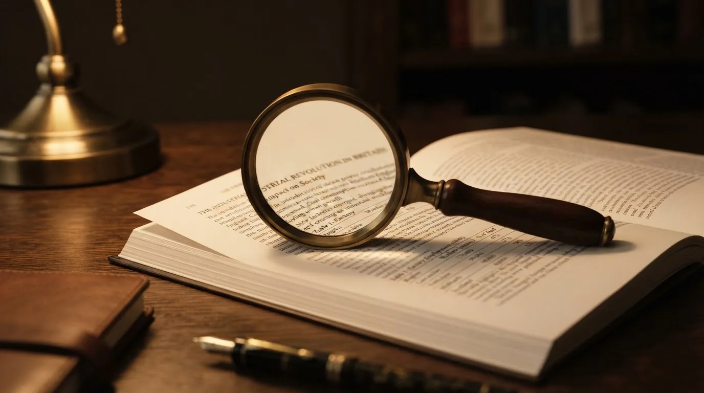 A magnifying glass rests over a printed regulatory certificate on a wooden desk.