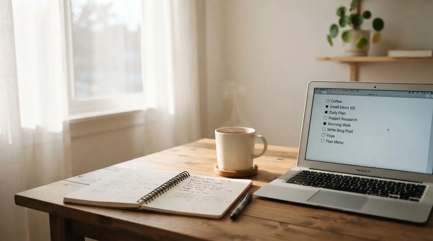 A tidy desk with a notebook, a mug of tea and a laptop open to a checklist, morning light through a window.