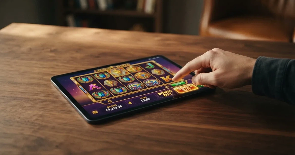 A tablet screen shows a slot's bonus-purchase button beside a stake amount field on a desk.