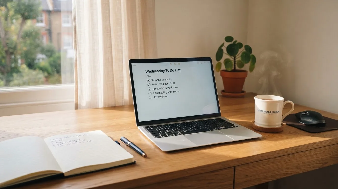 A tidy desk with a notebook, a mug of tea and a laptop open to a checklist, morning light through a window.
