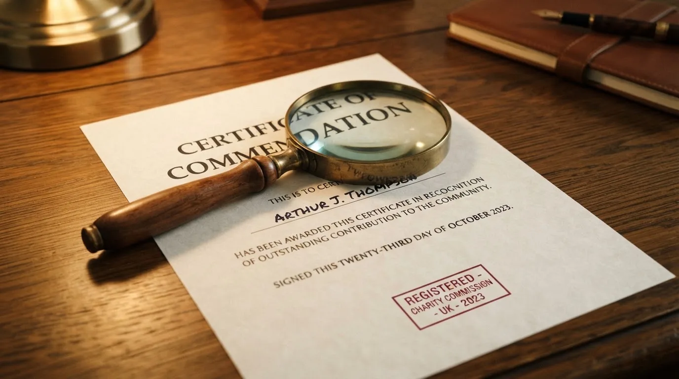A magnifying glass rests over a printed regulatory certificate on a wooden desk.