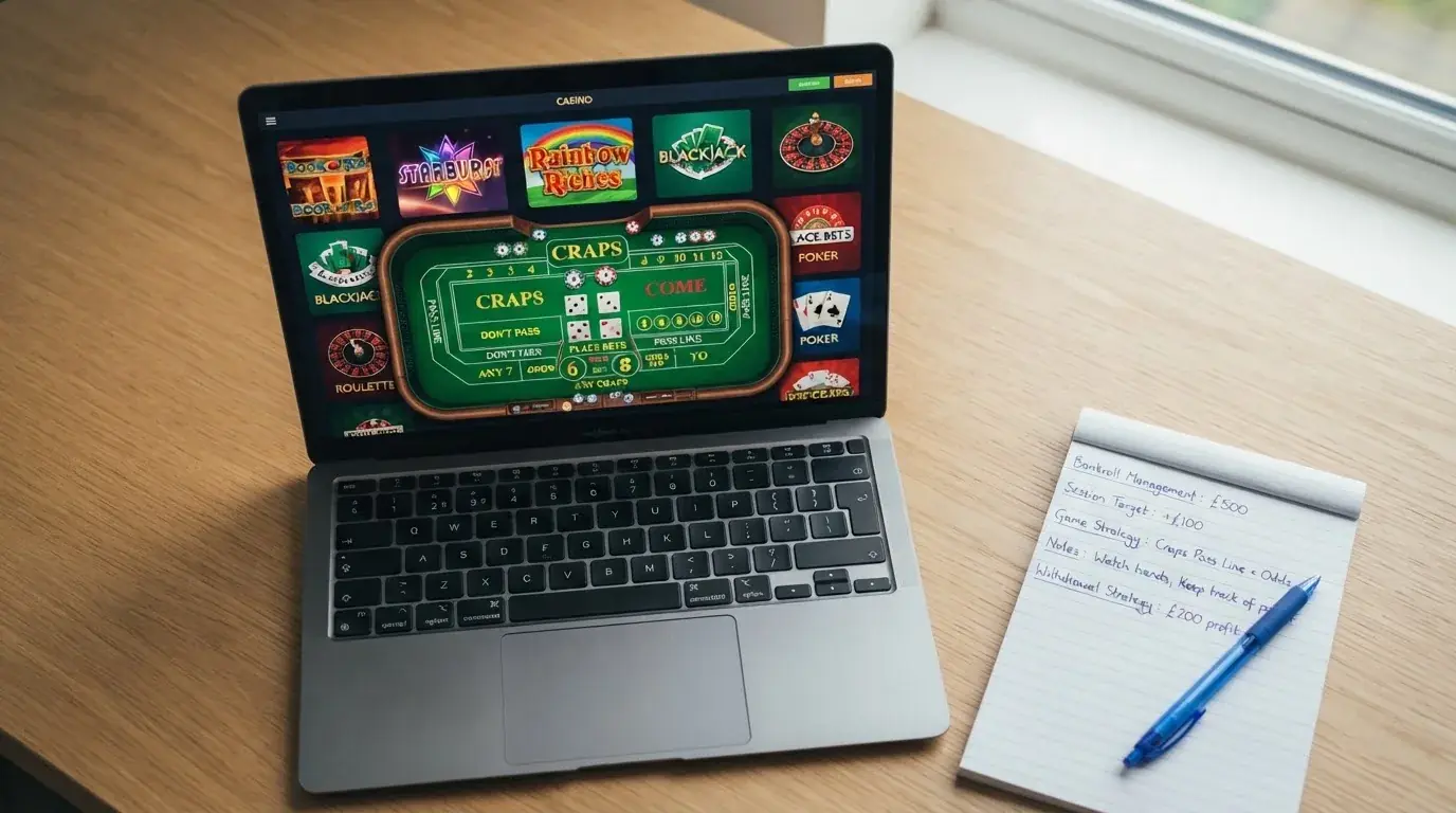 A laptop on a home desk showing a UK online casino comparison page open beside a notepad, with a craps table layout diagram on a laptop visible in a browser tab list
