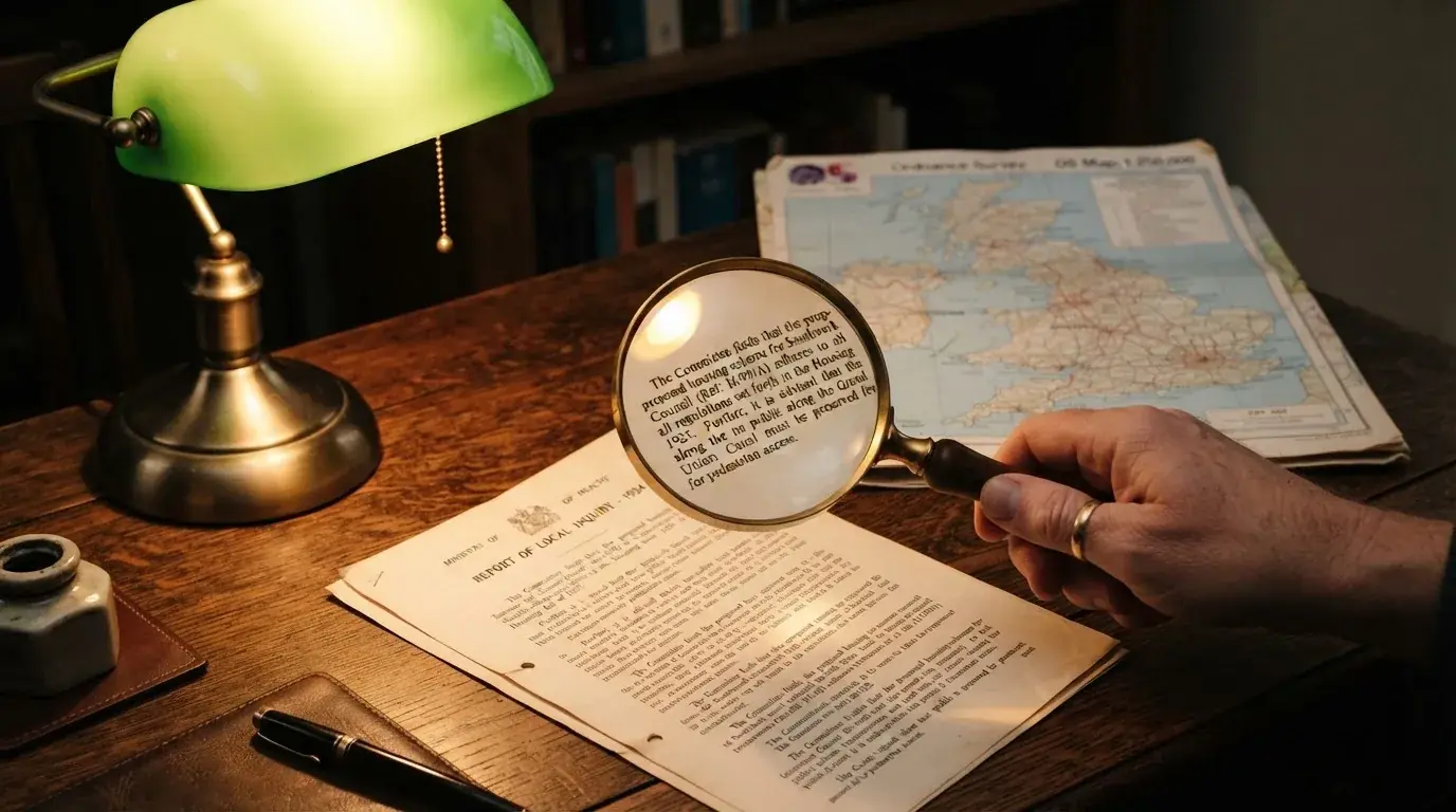 A magnifying glass held over a printed gambling licence certificate on a desk, with a UK map faintly visible in the background
