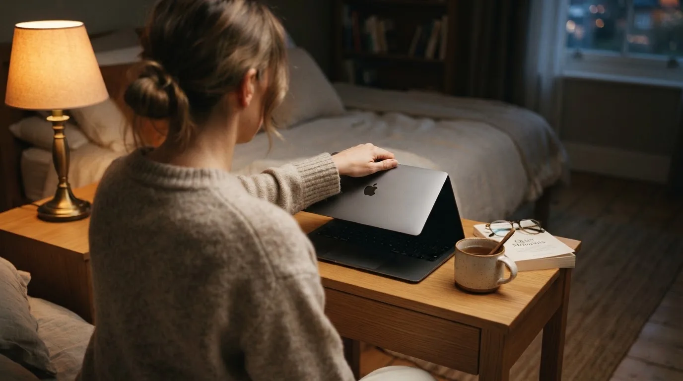 A person closing a laptop beside a cup of tea