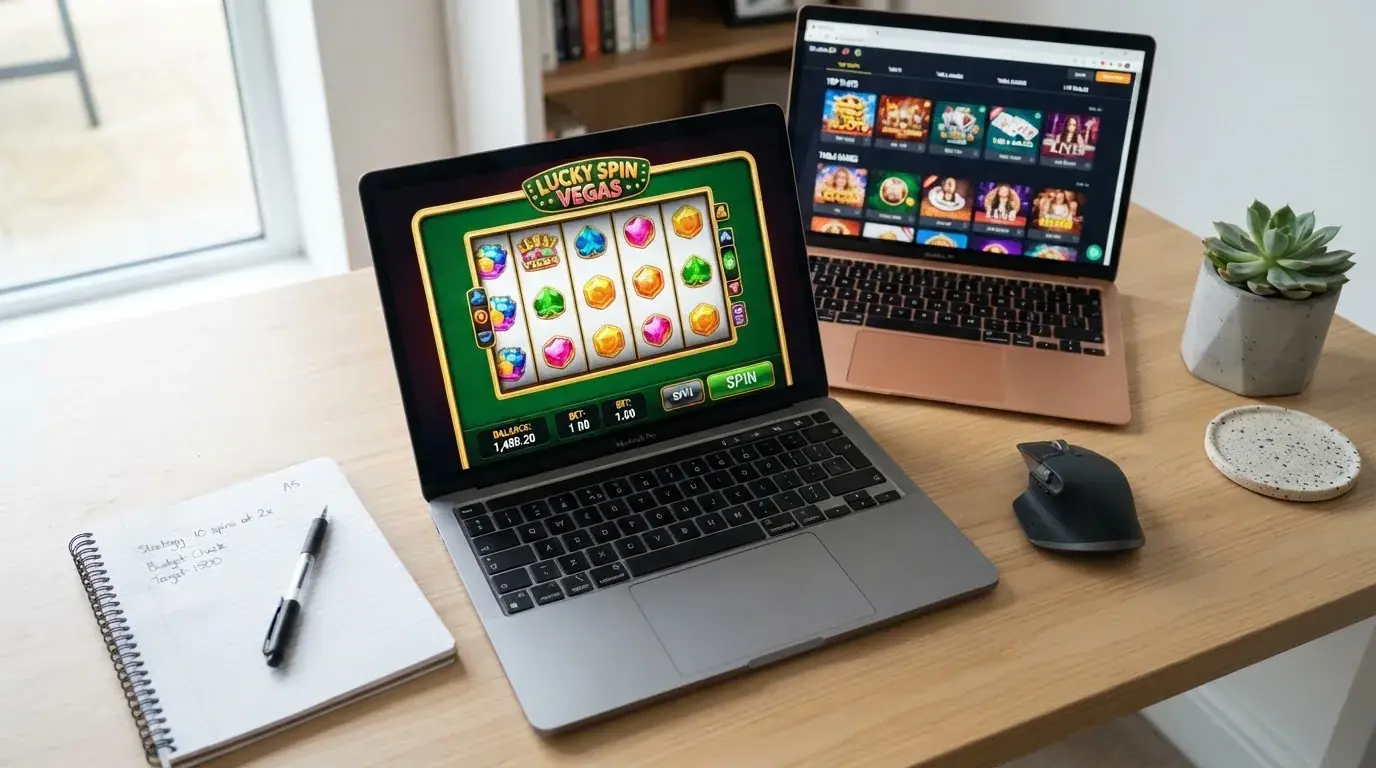 A laptop on a home desk showing a UK online casino comparison page open beside a notepad, with a laptop showing an international casino homepage in a browser visible in a browser tab list