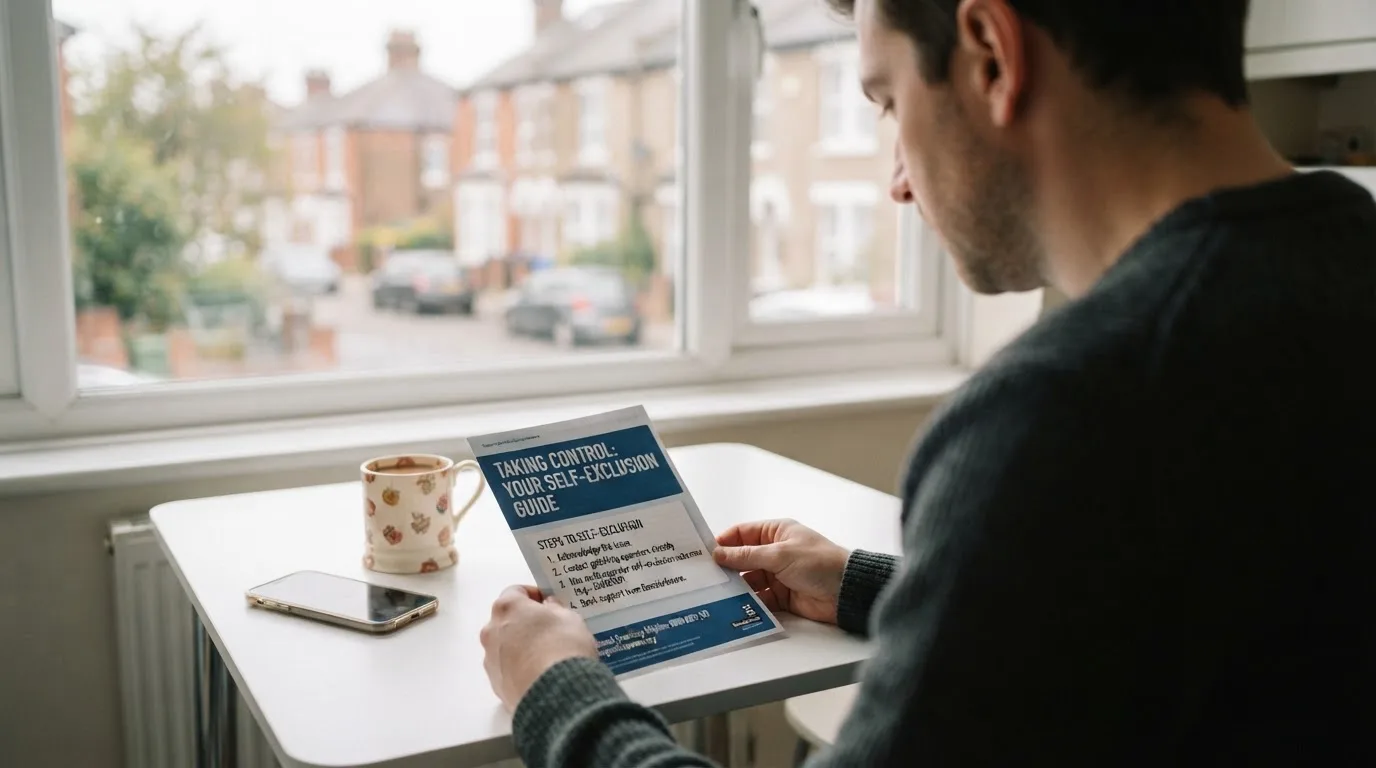 A person reading a self-exclusion leaflet at a kitchen table