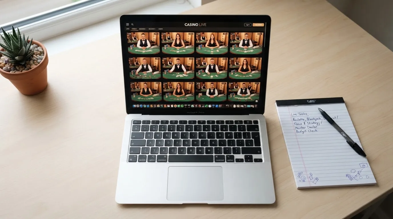 A laptop on a home desk showing a UK online casino comparison page open beside a notepad, with a laptop showing a live casino lobby with several table thumbnails visible in a browser tab list