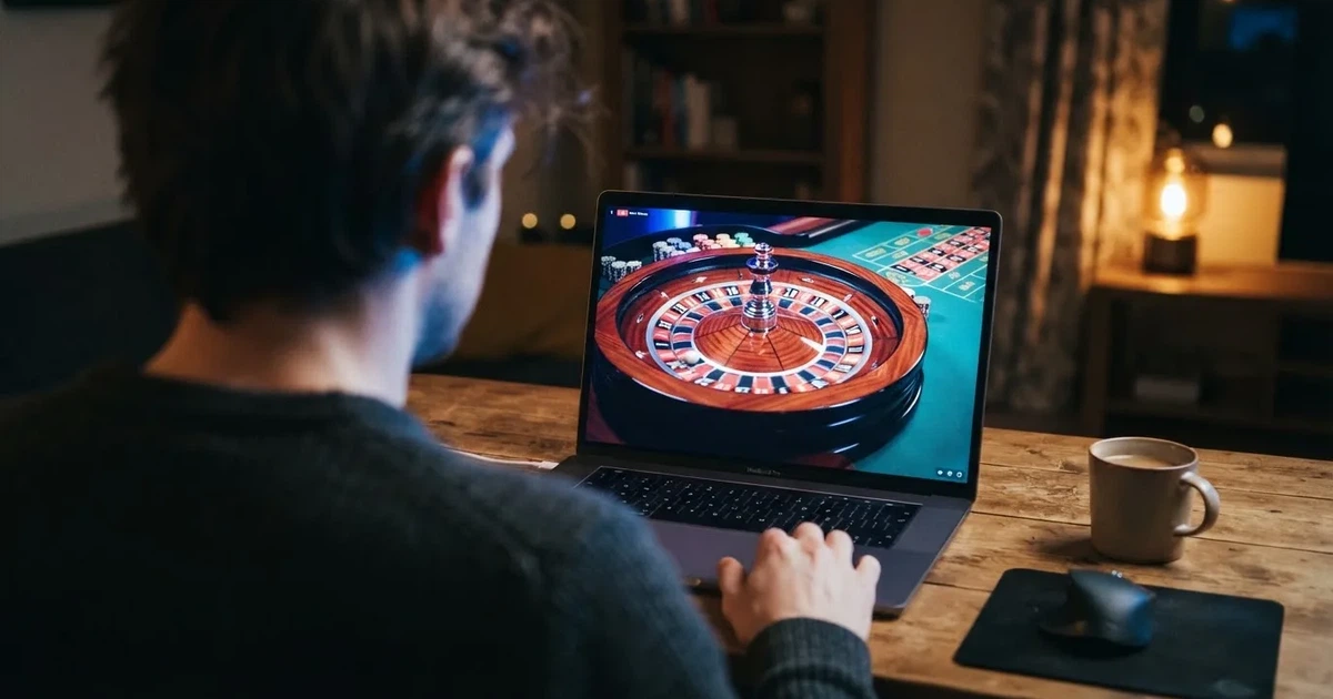A live dealer roulette wheel streamed to a laptop screen