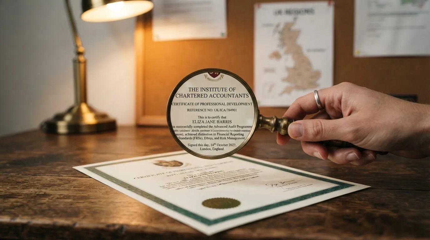 A magnifying glass held over a printed gambling licence certificate on a desk, with a UK map faintly visible in the background