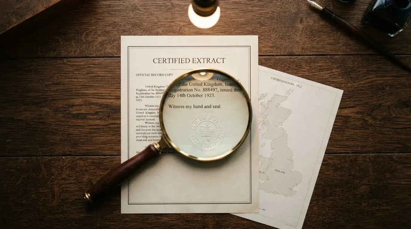 A magnifying glass held over a printed gambling licence certificate on a desk, with a UK map faintly visible in the background