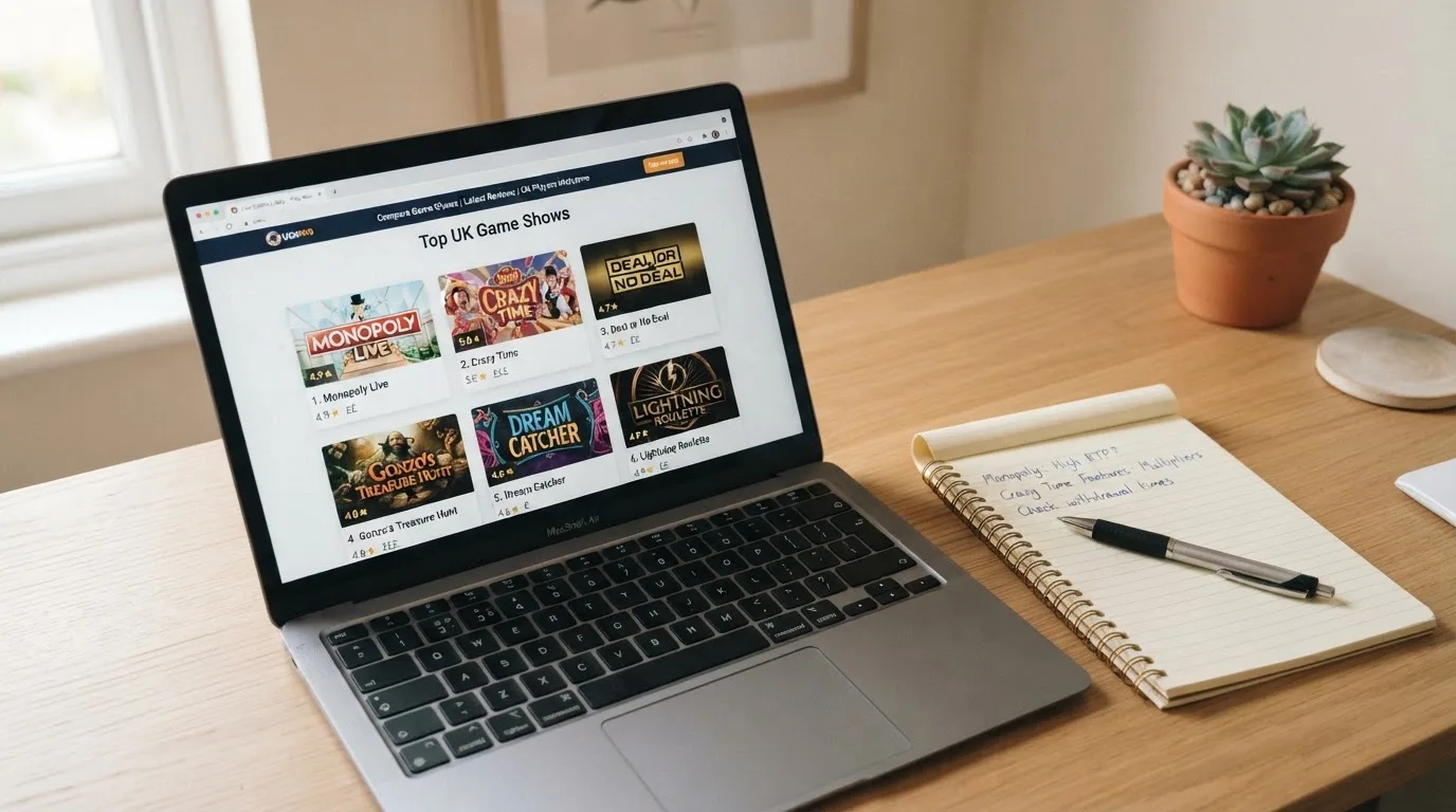 A laptop on a home desk showing a UK online casino comparison page open beside a notepad, with a laptop showing a live casino game show lobby page visible in a browser tab list