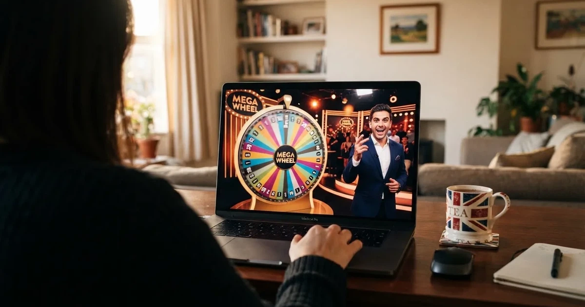 A wheel-based live casino game show studio streamed to a laptop