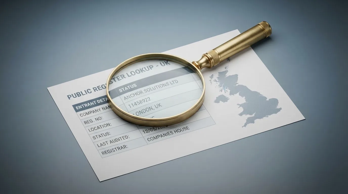 A magnifying glass held over a printed gambling licence certificate on a desk, with a UK map faintly visible in the background
