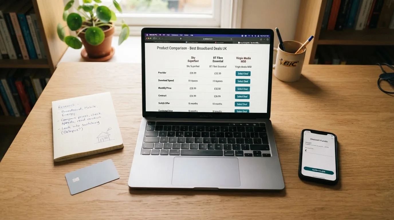 A laptop on a home desk showing a UK online casino comparison page open beside a notepad, with a desk with a debit card, a phone and a laptop showing a deposit form visible in a browser tab list