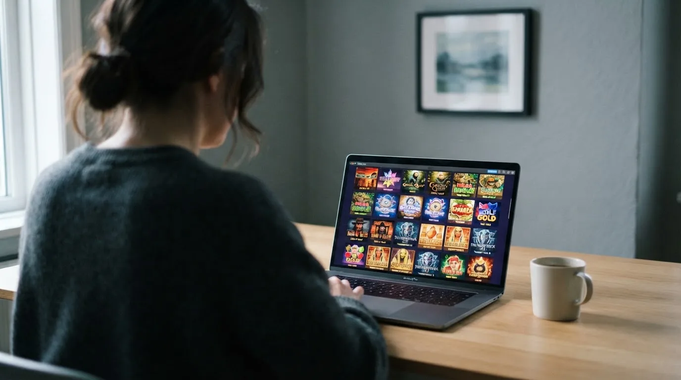 A laptop on a desk displaying a grid of slot game thumbnails in a casino lobby.