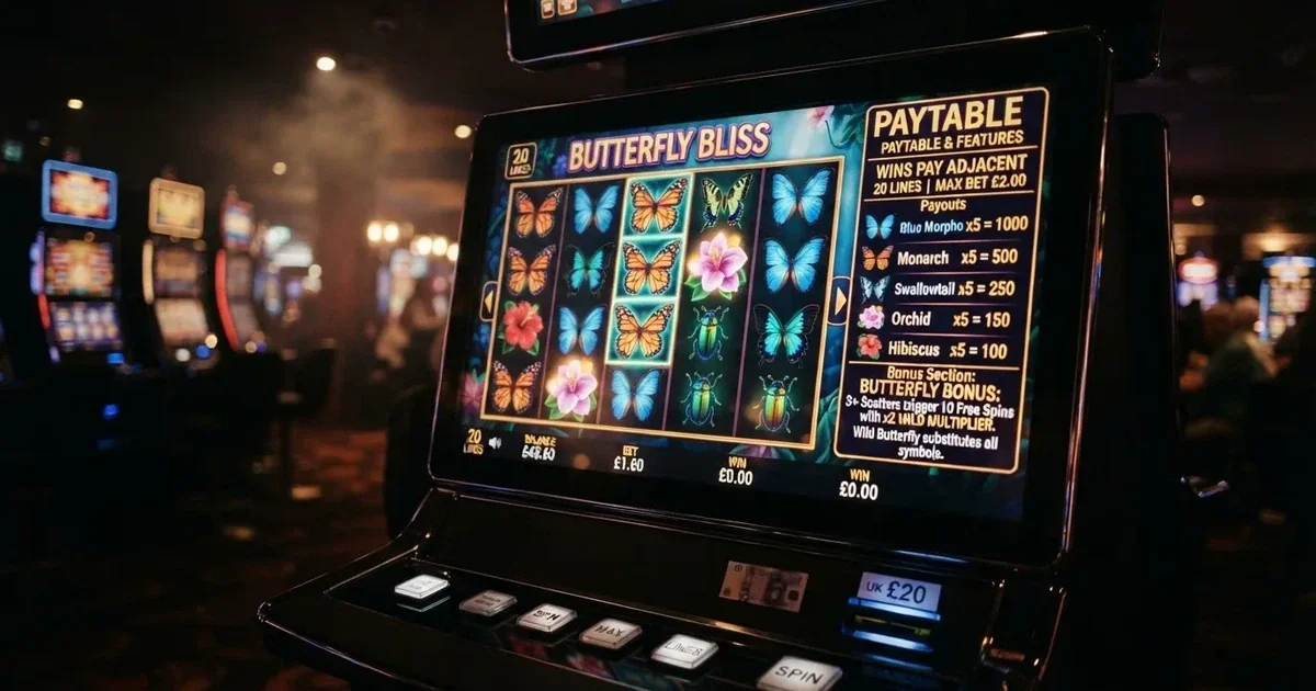 A butterfly-themed slot game screen with a paytable panel open beside a grid of coloured symbols.
