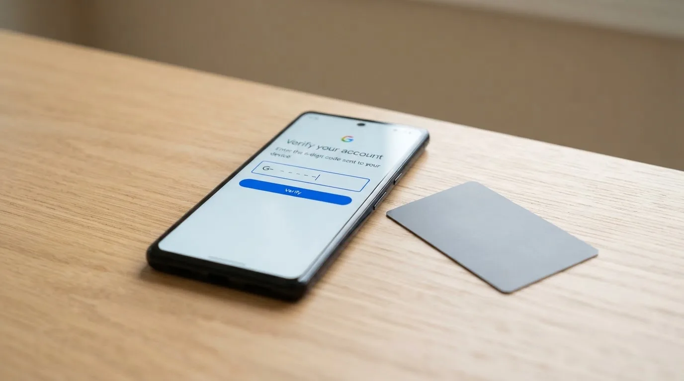 A UK ID card next to a smartphone showing an account verification screen.