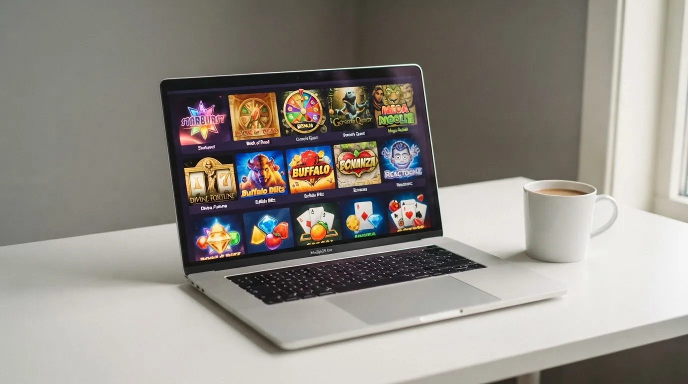 A laptop on a desk displaying a grid of slot game thumbnails in a casino lobby.