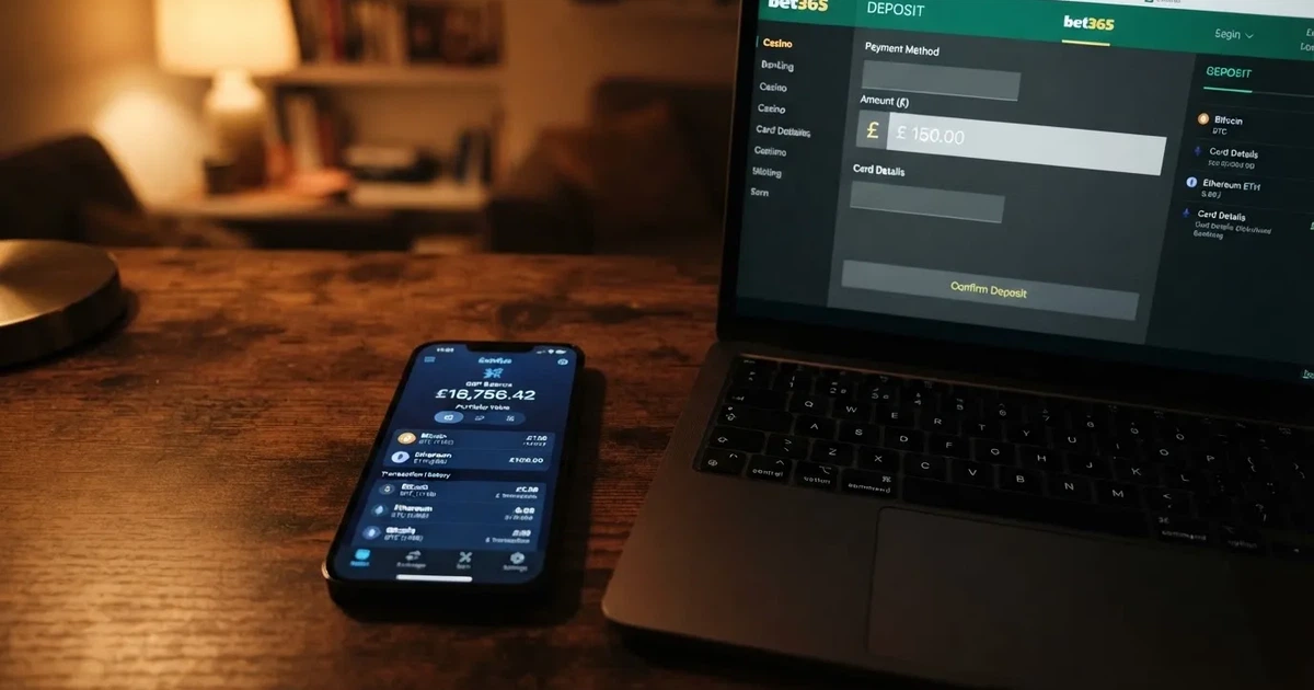 A smartphone displaying a cryptocurrency wallet balance beside a laptop showing a casino site's banking page.