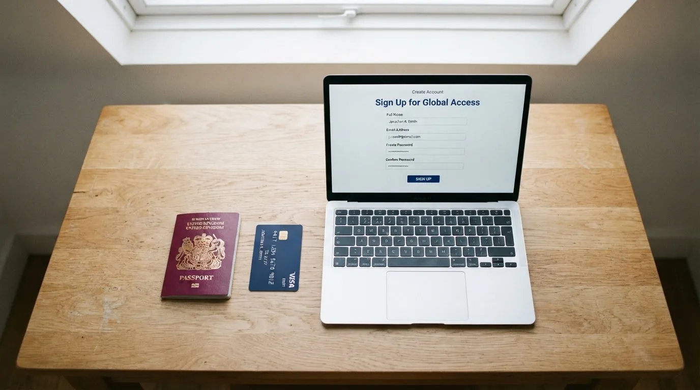 A UK passport and a bank card resting beside a laptop showing an account sign-up screen.