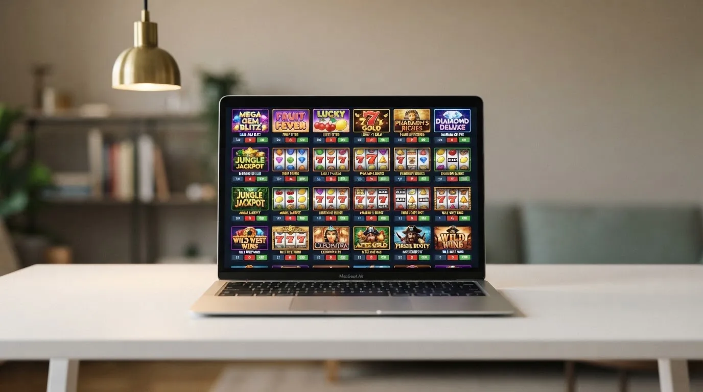 A laptop on a desk displaying a grid of slot game thumbnails in a casino lobby.