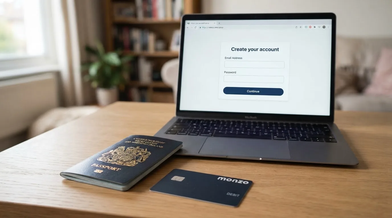 A UK passport and a bank card resting beside a laptop showing an account sign-up screen.