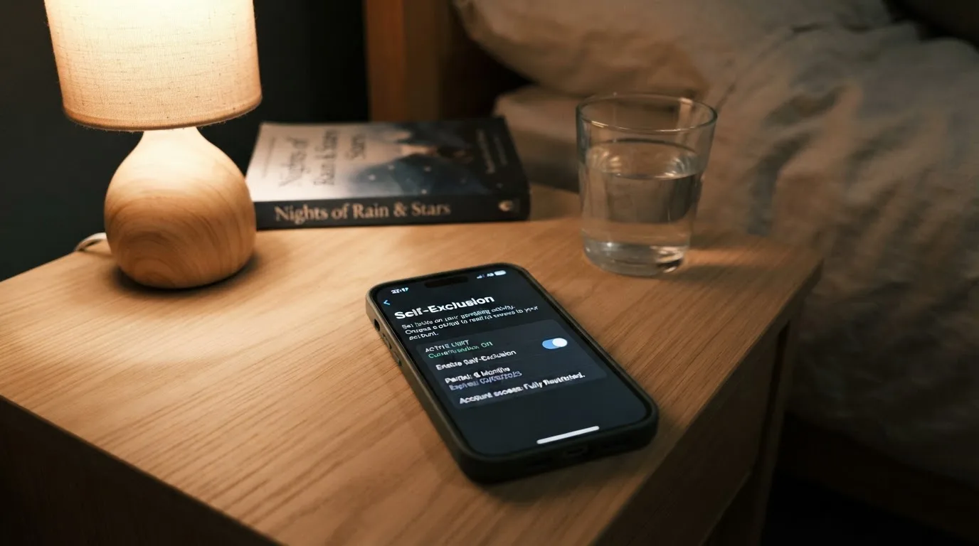 A phone displaying a self-exclusion settings screen next to a glass of water on a bedside table.