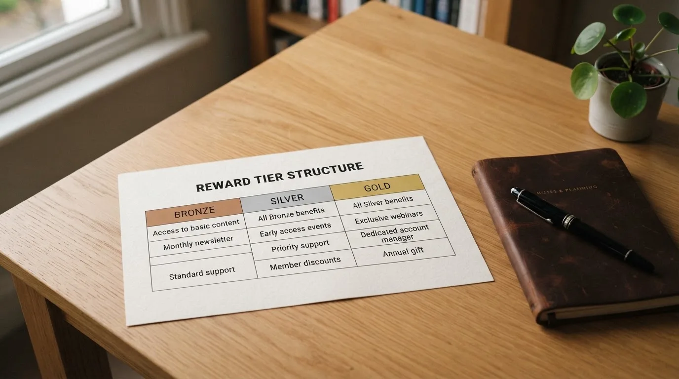 A desk with a printed loyalty-tier chart, a fountain pen, and a closed leather notebook.