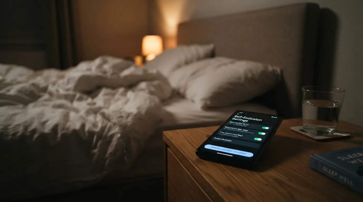 A phone displaying a self-exclusion settings screen next to a glass of water on a bedside table.
