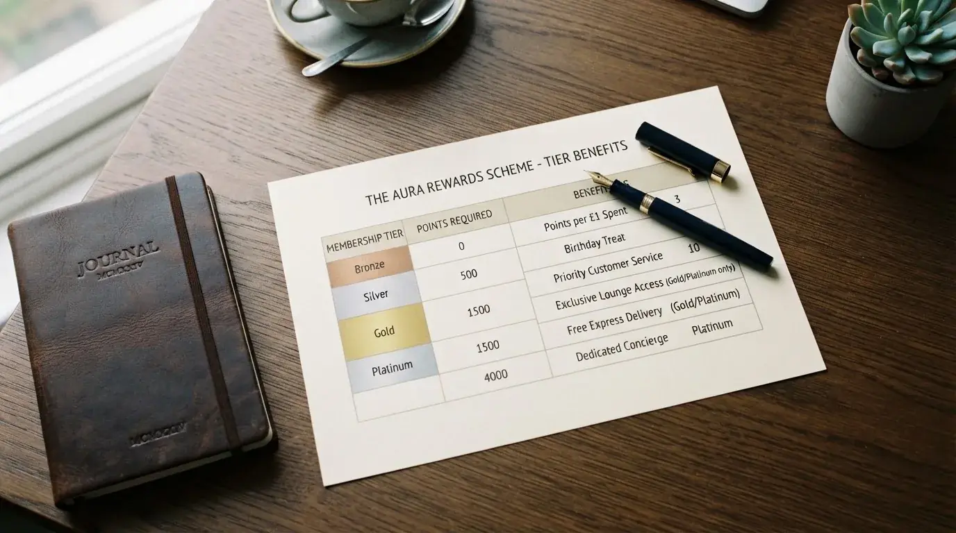 A desk with a printed loyalty-tier chart, a fountain pen, and a closed leather notebook.